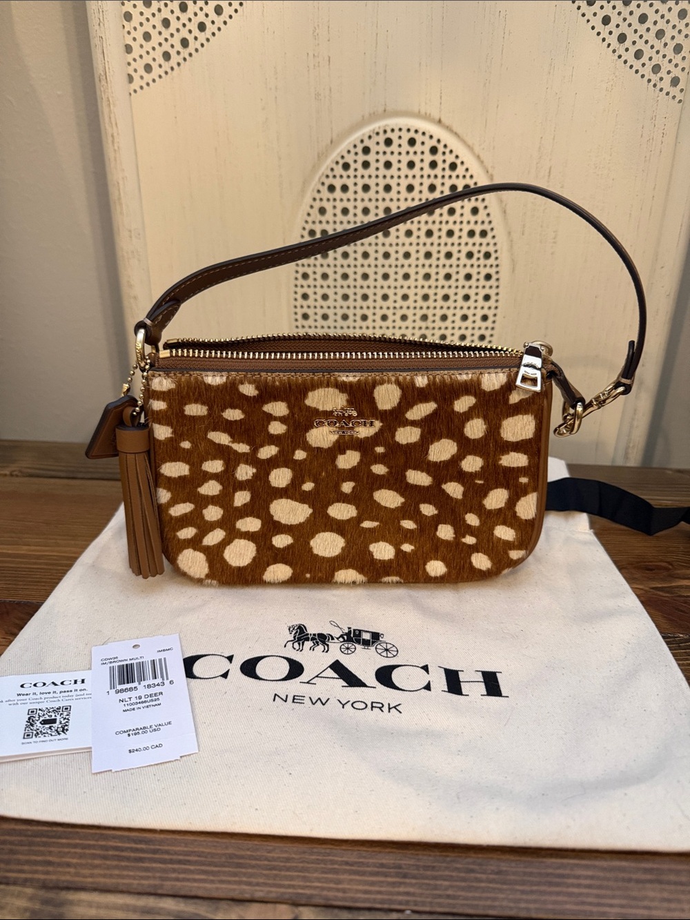 COACH Mini Wristlet in Brown and Cream Spotted deer bag nwt
